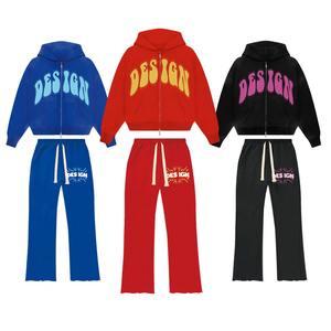 ชุดวอร์มฮู้ดดี้ซิปคู่สำหรับผู้ชาย ชุดเซ็ตสองชิ้นพร้อมโลโก้สั่งทำ ชุดวอร์มผู้ชายผ้าฝ้าย 100% เสื้อฮู้ดดี้และกางเกงขายาวทรงบาน - Product Image 1