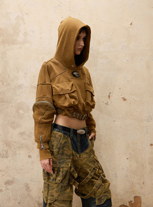 2024 Cropped Detachable Acid <b>Wash</b> Printed Breathable Long Sleeve Removable Hoodie for <b>Women</b> Winter Autumn - Product Image 5