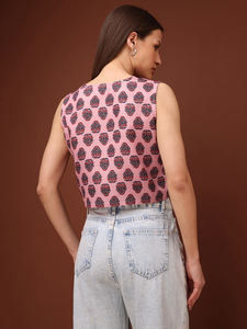 Top court imprimé pour femme sans manches en coton mélangé Paisley Top à col en V - Product Image 4