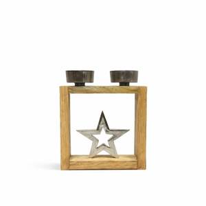 Decoración Navideña Artesanal de Madera para Mesa con Acento de Estrella Metálica, Diseño de Dos Portavelas, Decoración Rústica y Festiva para Mesa de Hogar - Product Image 1