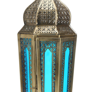 2025 Antique Brass Tall Hexagon Lantern Ramadan Special <b>Moroccan</b> Home <b>Decoration</b> Light Blue Colored Glass Floor Lantern - Product Image 6