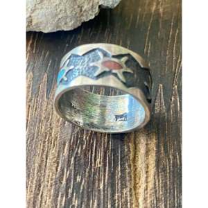 Anillo de Turquesa Navajo Hecho a Mano con Diseño de Tortuga en Plata de Ley y Múltiples Piedras, Talla 4.5, Joyería para Uso Diario, IGI - Product Image 5