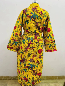 Manteau imprimé oiseau jaune matelassé de style Kantha fait à la main pour les femmes Kimono thermique confortable de vêtements de nuit pour le printemps été pur - Product Image 3