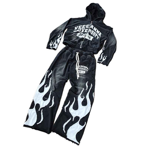 Sudadera con Capucha Vintage Lavada al Ácido con Logotipo Bordado Personalizado OEM, Pantalones Deportivos Acampanados, Trajes Cortavientos de Invierno - Product Image 2