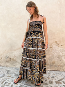 Nouveau été exclusif femmes fumer sans manches longueur de plancher multi-niveaux froncé robe imprimée numérique - Product Image 2