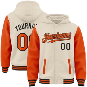Vente en gros directe de l'industrie, veste bomber décontractée d'hiver personnalisée, blanche, orange-noir, à boutons pression, style varsity, à deux tons, avec capuche - Product Image 1