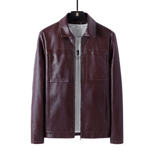 Autumn Winter Men's Motorcycle Leather Jacket Simple Design with Solid Color Lapel <b>Slim</b> Fit Featuring Unique Letter Pattern - Product Image 5