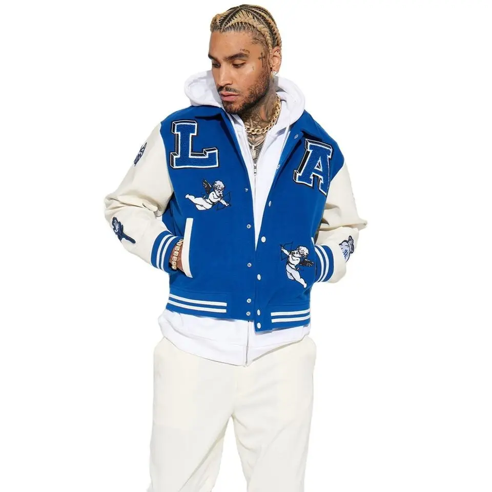 Nieuwste Mode Klassiek Blauw En Wit Custom Logo Patch Varsity Jack Mannen Letterman Jas