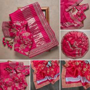 Boutique de exportación de tela de seda bordado con blusa Sari último exclusivo Sari étnico nupcial bodas impresionante diseño de túnica - Product Image 5