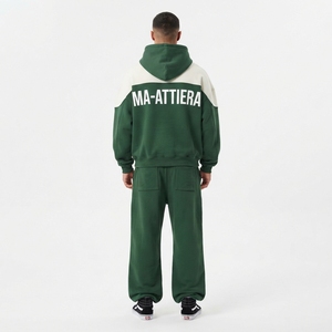 Conjunto de Sudadera con Capucha y Pantalones Deportivos Personalizados para Hombre, Color Verde Oscuro y Crema, de Algodón y Felpa, Estilo Urbano, OEM - Product Image 3
