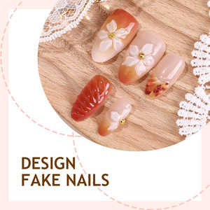 Lot de 30 faux ongles haut de gamme à motif amande, fleurs 3D, feuilles d'érable et imprimé léopard, style <span class=keywords><strong>manucure</strong></span> française, collection automne/hiver, vente en gros - Product Image 2