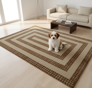 พรมทอมือลายเรขาคณิตสมัยใหม่ สีงาช้างและสีน้ำเงิน ทำจากขนสัตว์แท้ 100% เป็นมิตรกับสิ่งแวดล้อม สำหรับห้องนั่งเล่นในบ้าน - Product Image 1