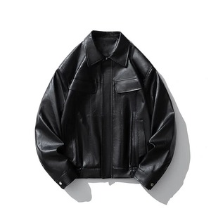 Chaqueta Bomber de piel de oveja para hombre, ropa de calle Vintage, marrón, negro, con cremallera, abrigo de motorista, solapa, tela de lona, estilo motocicleta - Product Image 5