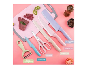 Ensemble de 6 couteaux de cuisine robustes en acier inoxydable colorés avec revêtement antiadhésif, manches ergonomiques en plastique ambidextres et lames dentelées - Product Image 3