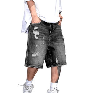 Mens <b>Black</b> Washed Denim <b>Shorts</b> Distressed Ripped Design Loose Fit Casual Streetwear 100% Cotton Woven Knee Length Summer Fashion - Product Image 3