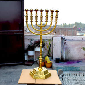 Handmade Israeli Jerusalem Menorah Seven Branch Star <b>Gold</b>-plated Custom Polished Candlestick Holder Hanukkah Menorah <b>Candle</b> - Product Image 5