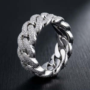 Elegant Iced Cuban Link Band <b>Ring</b> White Gold Finish Micro Pave <b>CZ</b> Seamless 360 Coverage Engagement Anniversary Statement Wedding - Product Image 1