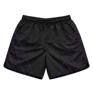 Premium 120 GSM nylon <b>windbreaker</b> shorts black with purple panel lines custom heat transfer logo Nylon Plain Dyed - Product Image 1