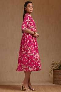 Nueva tendencia fucsia Chinon estampado Floral vestido Casual cuello en V 3/4 manga longitud cintura Natural para fiestas étnicas - Product Image 6