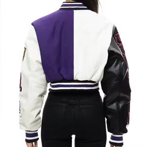 Women Wool Jackets Custom Chenille Patches Embroidery Genuine Leather Sleeves Letterman Varsity Crop Jacket - Product Image 5