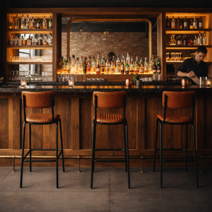 Tabouret de bar au design industriel classique, dossier en cuir véritable, couleur buff/noir, mobilier pour hôtel, restaurant, salon - Product Image 4