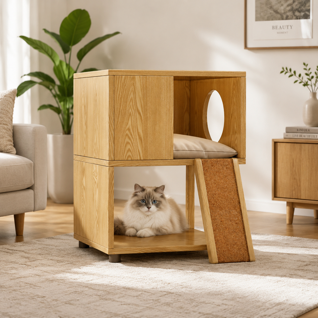 Wooden Cat House Modern Cat Condo Cat Tower with Scratching Board Pet Furniture for Indoor Cats