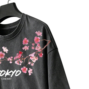 เสื้อยืดคอกลมแขนสั้นสีดำพิมพ์ลายกราฟิกดอกซากุระแบบวินเทจผ้าฝ้ายออร์แกนิกสไตล์ญี่ปุ่น - Product Image 3