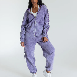 Lavage à l'acide femmes survêtement ensemble femmes Streetwear Vintage en détresse broderie éponge à capuche et pantalons de survêtement femmes survêtement ensemble - Product Image 6