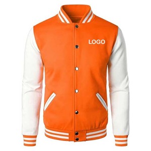 Chaqueta de béisbol de lana a rayas naranjas y blancas con logotipo personalizado High Street Style Letterman Design para hombres Manga de cuero - Product Image 1