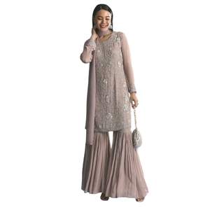 Traje de lavanda ligera Chinon Kurta Sharara con trabajo de bordado Moti para mujer Recepción de boda y traje de fiesta - Product Image 3