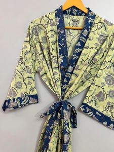 Jaipuri tamaño libre hecho a mano de algodón Kimono Floral bloque estampado hasta el suelo playa cubierta vestido Maxi Bata para hombres Casual - Product Image 3