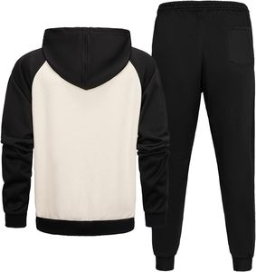 <b>Black</b>/White <b>Men's</b> Hooded Athletic Tracksuit Casual 2 Pieces Suits Color Block Hoodies and Sweatpants Set - Product Image 2
