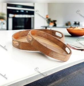 Asas redondas de bambú para servir bebidas, té, postre, cena, plato de desayuno, organización de almacenamiento para uso en el baño - Product Image 3