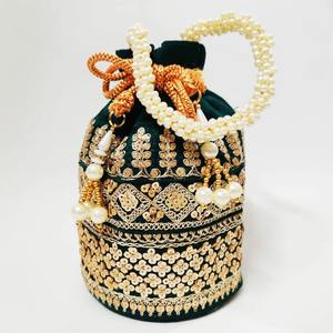 Mini bolso Potli hecho a mano de calidad superior para mujer, hermoso diseño de flores de encaje de perlas, bordado, algodón de seda cruda, estilo de moda - Product Image 1