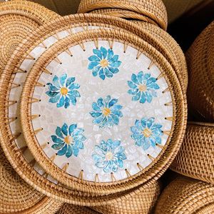 Luxury Handwoven Rattan Serving Tray with Mother of Pearl Shell Inlay - Product Image 1