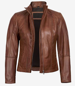 Ropa de calle personalizada, color marrón en blanco, con cremallera, bolsillos delanteros, chaquetas de cuero de motorista para mujer, Invierno personalizado - Product Image 5