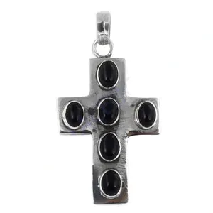 <b>Silver</b> <b>Cross</b> <b>Pendant</b> With Sapphire Stones Bezel Set Religious Charm Unisex Christian Jewelry - Product Image 1