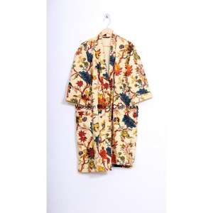 Vintage 100% Organic Cotton Quilted Reversible Eco-Friendly Winter Robe Long Sleeve Hand-painted Pattern Handmade Indian - Product Image 2