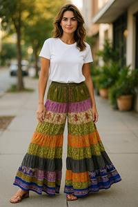 Partywear <b>Silk</b> Layer Patchwork Women Trouser <b>Pant</b>, Recycled Sari <b>Silk</b> Wide-Leg <b>Pants</b>, Summer Funky Ethnic Boho Hippy Patchwork - Product Image 5