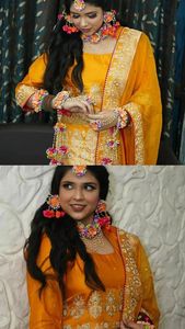 Beautiful Alure Yellow-Pink Floral (Flower) Jewelry Set <b>Shower</b> Set Women Mehandi Designer Party Fabric Mehendi Floral Ceremony H - Product Image 4