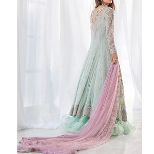 Robe de soirée indienne et pakistanaise faite à la main pour femme, longueur ras du sol, avec volants modernes, grandes tailles, coupe professionnelle à col halter - Product Image 2