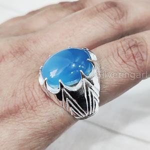 Recién llegado, anillo para hombre, piedra preciosa de Calcedonia azul Natural, anillo de piedra natal, todos los tamaños, joyería fina árabe, anillo de Plata de Ley 925 - Product Image 4