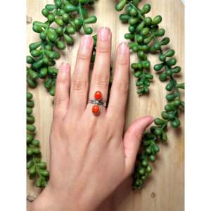 Navajo-Made Natural Coral & Sterling <b>Silver</b> <b>Statement</b> <b>Ring</b> Size 6 Geometric Bezel Setting Vermeil Plating Everyday Wear - Product Image 5