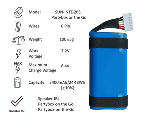 แบตเตอรี่สำรองสำหรับลำโพงพกพา <span class=keywords><strong>Partybox</strong></span> รุ่น SUN-INTE-265 แบตเตอรี่ลิเธียมโพลิเมอร์ 3400mAh ความจุสูง ชาร์จซ้ำได้ - Product Image 3
