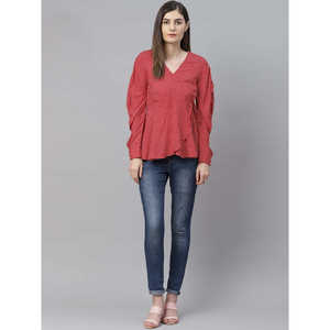 เสื้อลายจุดผ้าเรยอนสำหรับผู้หญิง, เสื้อพิมพ์ลายจุดสีแดงสำหรับใส่ได้พอดีกับ1291YKRED-S - Product Image 4