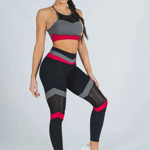 Patchwork Performance 2-Piece Set High-Waist Mesh Leggings & Sports <b>Bra</b> for Women's Workout Running & Gym Wear Yoga Sets - Product Image 3