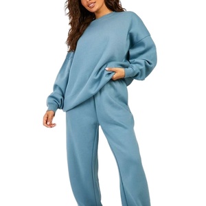 Ensemble survêtement femme en molleton 100% coton personnalisé pour l'hiver, sweat-shirt à col rond surdimensionné et pantalon de jogging à jambes larges, survêtement femme 2026 - Product Image 1