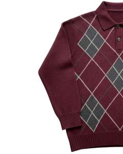 Suéter Polo de Punto Argyle para Hombre, Manga Larga, Cuello con Botones, Informal, para Invierno, Color Rojo Borgoña, para Venta al por Mayor y Pedidos al por Mayor - Product Image 2