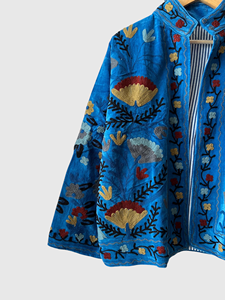 Blue Full Sleeve Plus Size Floral Embroidered <b>Velvet</b> Jacket Mandarin Collar Women's Autumn Wear - Product Image 4