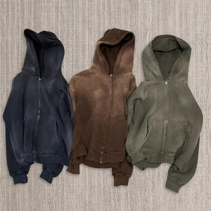 Sweat à capuche vierge polaire personnalisé Zip up Vintage Double couche lavage à l'acide Sun Faded Distressed Hoodies pour hommes Vintage - Product Image 3